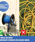 Heavy Duty Pressure Washer Hose Reel With 4000 PSI Rating, mounted on wall, compared to tangled hose on grass