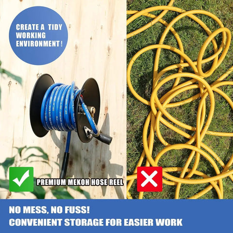 Heavy Duty Pressure Washer Hose Reel With 4000 PSI Rating, mounted on wall, compared to tangled hose on grass