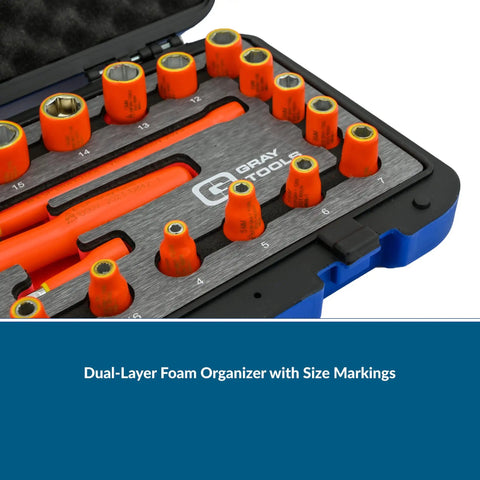 Inside view of Pro Grade 25 Piece Quarter Inch Drive Insulated Socket And Attachment Set With SAE And Metric Sockets, Made In USA with dual color foam organizer.