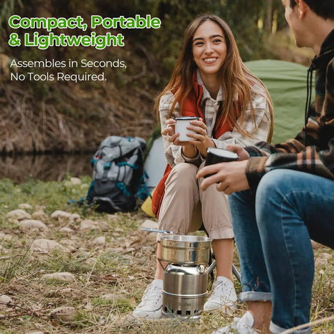 Stainless Steel Wood Burning Camping Stove Portable For Backpacking And Outdoor Cooking With Grill Grid And Carry Bag Ultra Lightweight Quick Setup Ideal For Camping Hiking Emergency Picnics BBQ, used by campers.