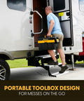 Man carrying the Badass Pro Grade 4 Gallon Cordless Wet Dry Shop Vacuum With 24V Lithium Ion Battery Toolbox Design up steps.