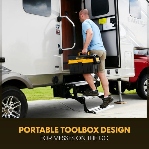 Man carrying the Badass Pro Grade 4 Gallon Cordless Wet Dry Shop Vacuum With 24V Lithium Ion Battery Toolbox Design up steps.