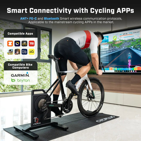 Cyclist using High-Power Indoor Bike Trainer With 2200W Brushless Motor, 20% Gradient Simulator, on training app setup