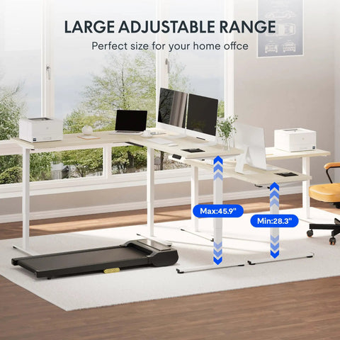 Massive 63x47 Inch L-Shaped Electric Standing Desk In Warm Maple Finish with adjustable height settings for home office use.