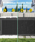 320 Gallon Outdoor Deck Box Waterproof Storage Chest with lid in garden setting, showcasing weatherproof resin construction.