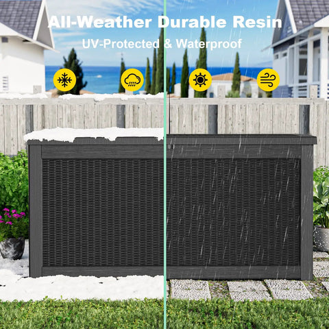320 Gallon Outdoor Deck Box Waterproof Storage Chest with lid in garden setting, showcasing weatherproof resin construction.