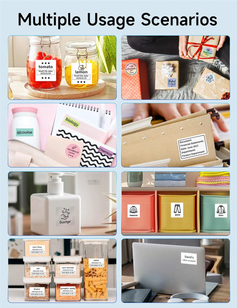 Labeled items showcasing the 3 Inch Label Maker Portable Printer For Home Office, 2026 Upgrade With 2200mAh Battery, Bluetooth Barcode Printer.