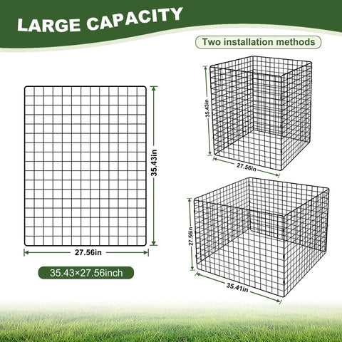Large capacity Outdoor Compost Bin With Square Mesh Panels, Garden Wire Construction, dimensions shown, two installation methods.