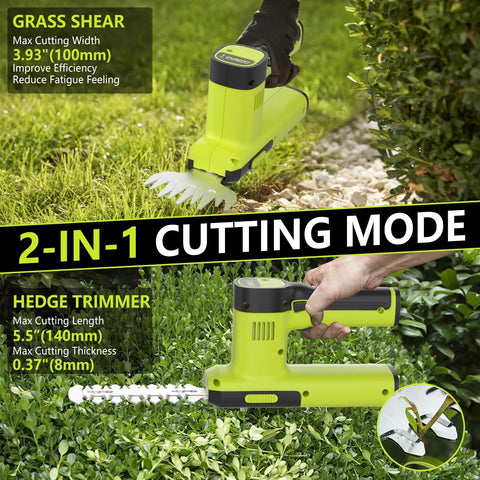 12V Cordless 2 In 1 Hedge Trimmer And Grass Shears For Quick No Fuss Pruning Lightweight Handheld Electric Shrub Tool With Battery Charger Included For Garden Yard Lawn shown in grass shear and hedge trimmer modes.