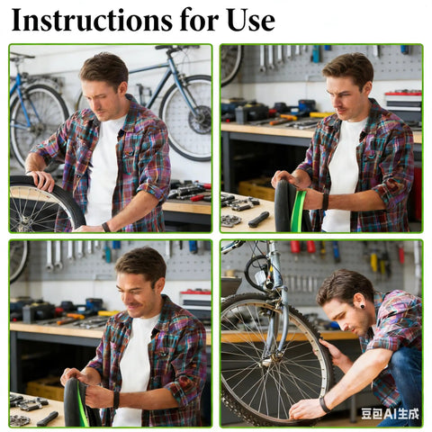 Man applying TPU Bike Tire Liner Kit Puncture Proof Tube Protector for 12 to 29 inch wheels in a workshop setting.