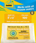100 Quart Size Vacuum Sealer Bags 8 By 12 Inches Heavy Duty BPA Free with packaging, shown on yellow and blue background