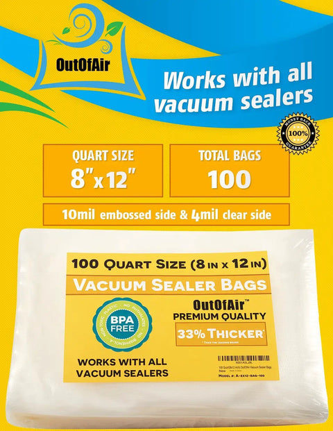 100 Quart Size Vacuum Sealer Bags 8 By 12 Inches Heavy Duty BPA Free with packaging, shown on yellow and blue background