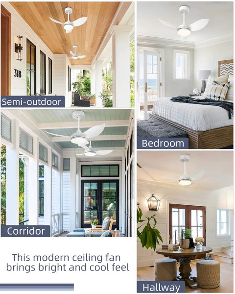 30 Inch Ceiling Fan With Lights And Remote Control LED Indoor Outdoor White 3 Reversible Blades in different room settings