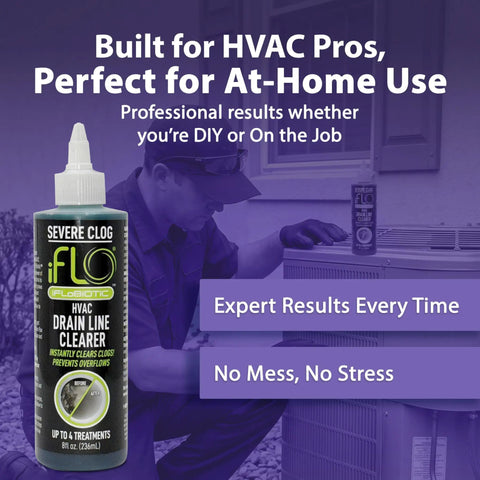 Severe Clog Relief AC Drain Line Cleaner 5X Concentrate With Enzyme Technology next to HVAC unit, used by technician