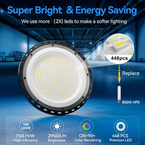 10 Pack 200W UFO LED High Bay Lights With 29500 Lumens 5000K Daylight Waterproof Shop Lights ETL Listed 5 Ft Cable With Plug