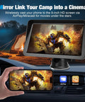 9 Inch Wireless CarPlay Screen showing movie in car dashboard with Apple CarPlay and Android Auto Receiver, 1080P display, camp background