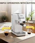 Semi Automatic Espresso Machine With 20 Bar Italian Pump Shooting Thick Rich Crema Paired With A Swift Milk Frother Wand Perfect For Dialing In Smooth Lattes And Bold Cappuccinos Compact Stainless Steel Build Is Super Easy To Clean And Maintain on kitchen counter with coffee cups.