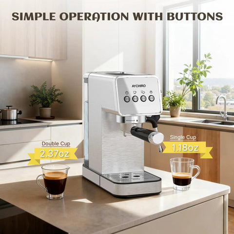 Semi Automatic Espresso Machine With 20 Bar Italian Pump Shooting Thick Rich Crema Paired With A Swift Milk Frother Wand Perfect For Dialing In Smooth Lattes And Bold Cappuccinos Compact Stainless Steel Build Is Super Easy To Clean And Maintain on kitchen counter with coffee cups.