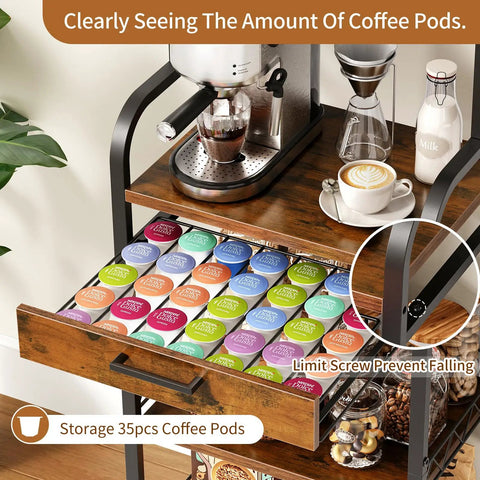 Top Shelf Five Tier Coffee Station Cart With Slick Rolling Wheels And Ample Cabinet Space Plus Sturdy Mounts For Single Serve Packs And Spacious Racks Built For Your Daily Grind Home Bar Display Or Cozy Kitchen Area showing drawer with 35 coffee pods.