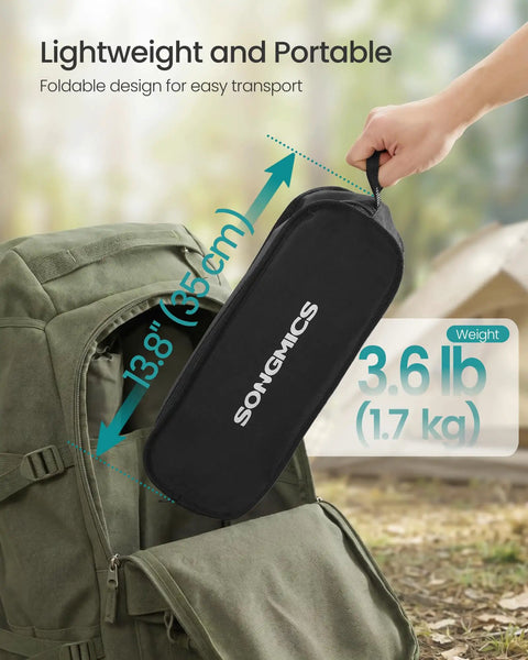 Foldable Portable Camping Chair With 330 Pounds Capacity in carrying bag, being packed into backpack next to tent outdoors.