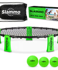 Roundnet Slammo Game Set For Backyard And Beach Fun with neon green frame and balls, includes carrying bag and box
