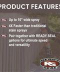 Top Shelf Dark Walnut Exterior Wood Stain and Sealer Turbo Spray System Oil Based Goof Proof Formula for Decks and Fences in use, showcasing wide spray coverage.