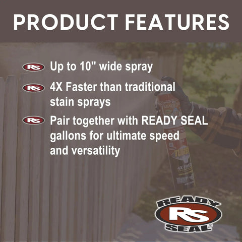 Top Shelf Dark Walnut Exterior Wood Stain and Sealer Turbo Spray System Oil Based Goof Proof Formula for Decks and Fences in use, showcasing wide spray coverage.