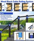 Wood post cable railing system with black T316 stainless steel sleeves, showcasing components for DIY balustrade installation
