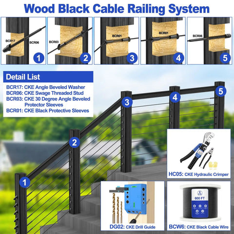 Wood post cable railing system with black T316 stainless steel sleeves, showcasing components for DIY balustrade installation