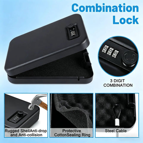Portable Pistol Safe Small Lock Box With Steel Cable for Travel Home Office Car Use Three Digit Combination Access displayed open