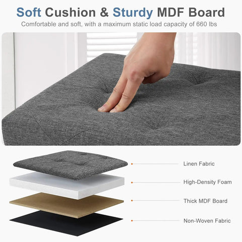 Cross-section of a 43 Inch Storage Ottoman Bench With Padded Gray Seat And Hidden Chest End Of Bed Foot Rest Stool For Bedroom And Living Room Dope Sturdy MDF Frame Heavy Duty 660 Lb Capacity Multi Purpose Storage Solution showing the cushion layers and MDF board.