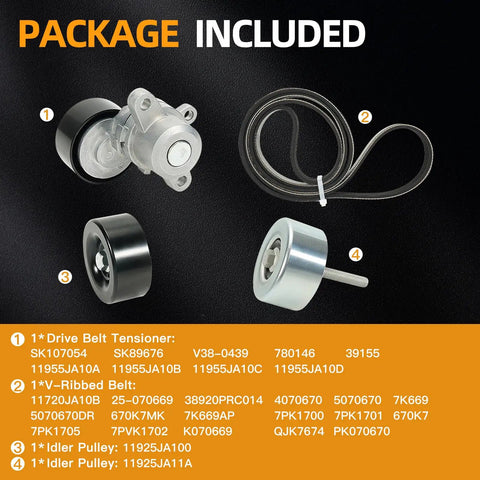 Serpentine Belt Kit With Drive Belt Tensioner And Idler Pulleys For Nissan Maxima 3.5L V6 2009 Through 2015 Replacement contents