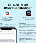 Illustration showing Dope Bluetooth BLE OBD2 Scanner for BMW and Mini with BimmerCode app interface on smartphone.