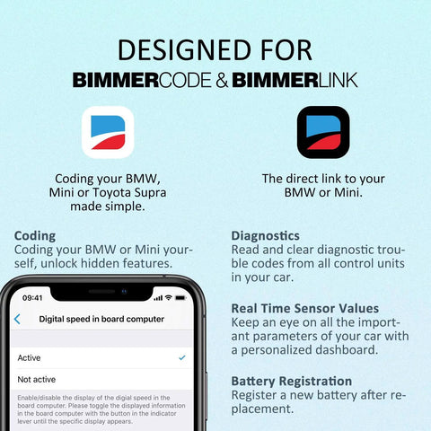 Illustration showing Dope Bluetooth BLE OBD2 Scanner for BMW and Mini with BimmerCode app interface on smartphone.