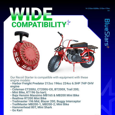 Pull Start Recoil Starter for Predator 212cc And 173cc engines with red housing, shown next to a compatible go-kart.