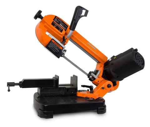 Side view of Workhorse Benchtop Metal Band Saw With Variable Speed 125 To 260 Fpm Bevel Cutting 0 To 60 Degrees Cuts Pipes