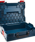 Open L BOXX 2 Stackable Tool Storage Case with visible compartments, blue color, built tough for pro jobsites, quick access design
