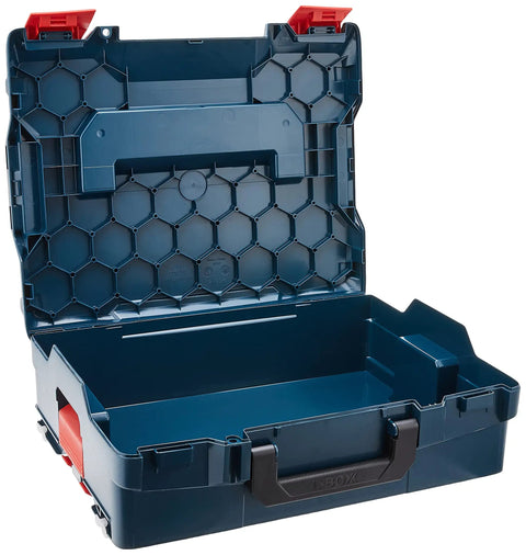 Open L BOXX 2 Stackable Tool Storage Case with visible compartments, blue color, built tough for pro jobsites, quick access design