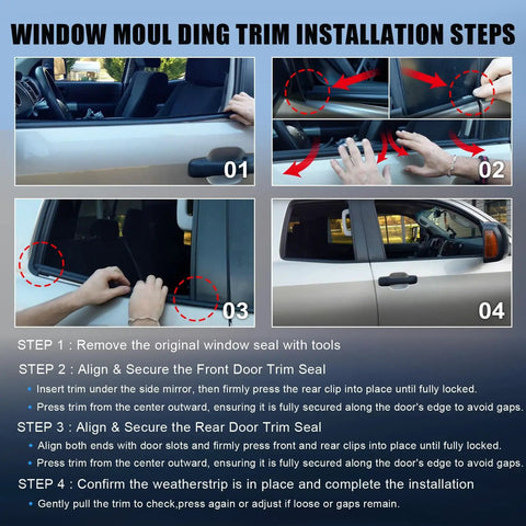 Toyota Tundra Window Molding Weather Stripping Seal Kit installation steps for Double Cab 2007-2019, front and rear doors.