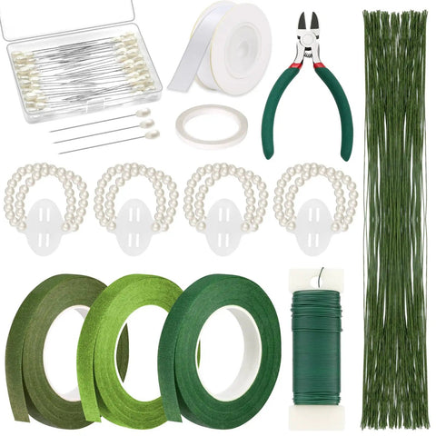 Must Have Floral Arrangement Tool Kit With Green Floral Tape And Wire, Corsage Pins, Satin White Ribbon, Pearl Corsage Bands, Wire Cutter