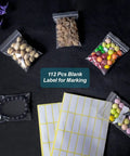 Five Size Clear Plastic Bags Mega Pack 500 Pcs In 5 Assorted Sizes With 100 Each Resealable Poly Bags For Jewelry Pills Candy Storage And Packaging Includes Blank Labels Perfect For DIY Crafts And Organization, showcasing filled bags with assorted items and blank labels for marking.