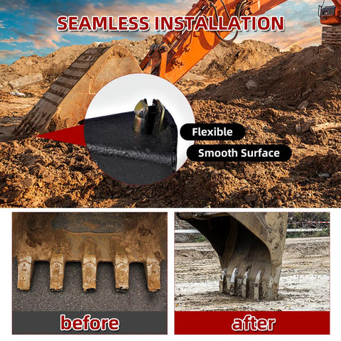 Excavator showing before and after installation of 5 Set 230SP Excavator Bucket Teeth With Pins For Mini Excavator Attachments.