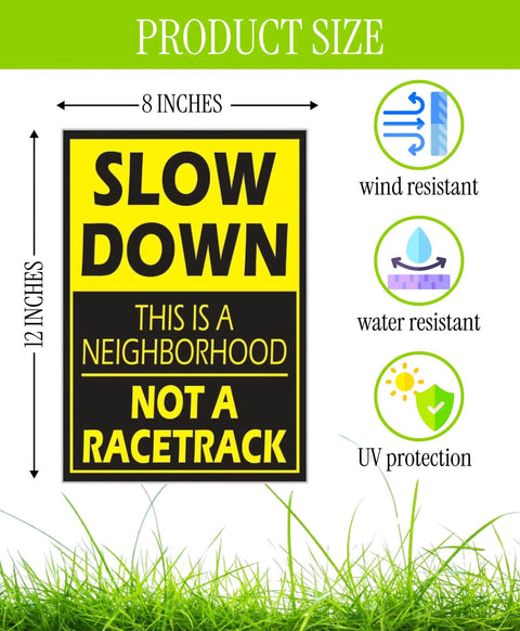 Set Of 3 Please Slow Down Signs For Neighborhoods With Metal H Stakes 12x8 Inch Plastic Double Sided Street Slow Signs size diagram
