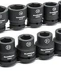 3/4 Inch Drive Impact Socket Set 12 Pc 6 Point Metric Flex Socket Design For Tight Spaces CrMo Steel Off Corner Loading Prevents Rounding