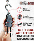 Person demonstrating Beefed Up Heavy Duty Rope Hoist with Locking Pulley, showing steel S-hooks and interior mechanisms.