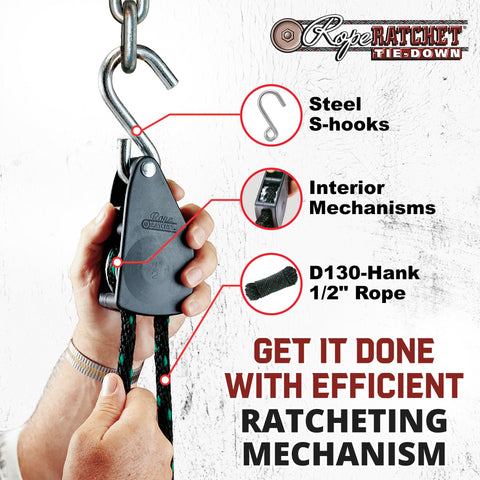 Person demonstrating Beefed Up Heavy Duty Rope Hoist with Locking Pulley, showing steel S-hooks and interior mechanisms.