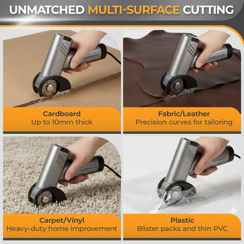RapidEdge Cordless Electric Scissors With Brushless Motor Cutting At 350rpm for cardboard, fabric, and leather cutting.