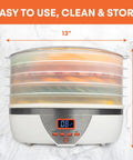 Kickass Efficient Digital Food Dehydrator Featuring Five Generous Trays And Smart Temperature Controls For Whipping Up Crunchy Jerky Dried Fruits And Savory Herb Flakes Fast, 13x14 inch design with LCD display and five trays.