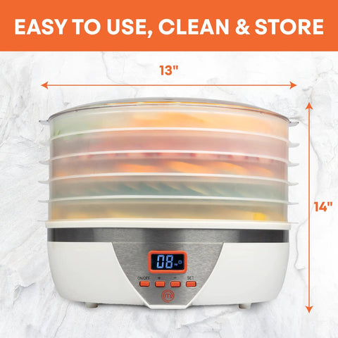 Kickass Efficient Digital Food Dehydrator Featuring Five Generous Trays And Smart Temperature Controls For Whipping Up Crunchy Jerky Dried Fruits And Savory Herb Flakes Fast, 13x14 inch design with LCD display and five trays.