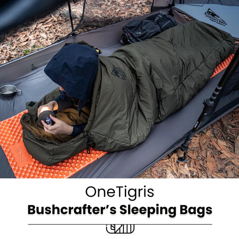 Camper in tent using 3-Season Mummy Sleeping Bag For Camping, Hiking, And Backpacking With Water-Repellent Shell laid on orange mat